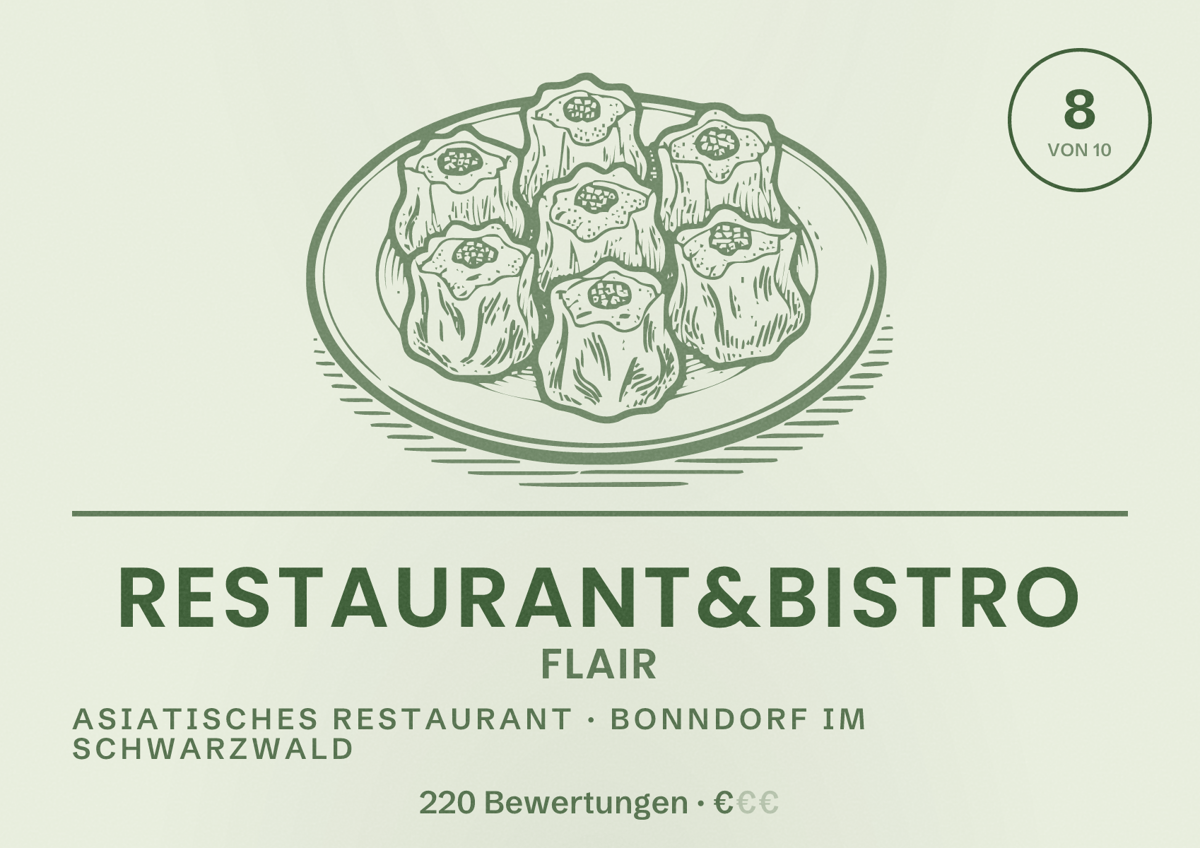 Illustriertes Poster von Restaurant&Bistro Flair, Asiatisches Restaurant in Bonndorf im Schwarzwald: Bewertung 8 von 10 aus 220 Bewertungen, Preisniveau €