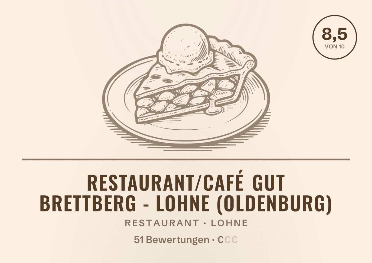 Illustriertes Poster von Restaurant/Café Gut Brettberg - Lohne (Oldenburg), Restaurant in Lohne: Bewertung 8,5 von 10 aus 51 Bewertungen, Preisniveau €