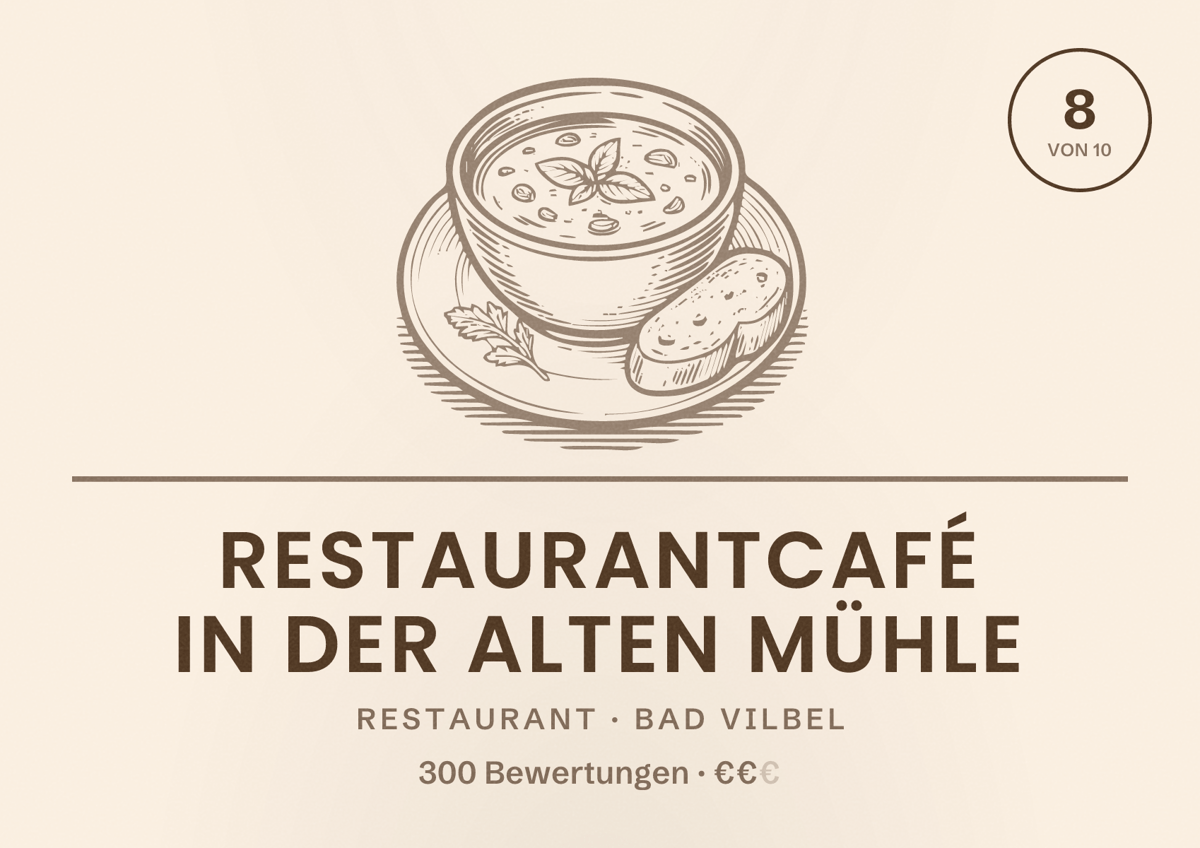 Illustriertes Poster von restaurantcafé in der ALTEn MÜHLE, Restaurant in Bad Vilbel: Bewertung 8 von 10 aus 300 Bewertungen, Preisniveau €€