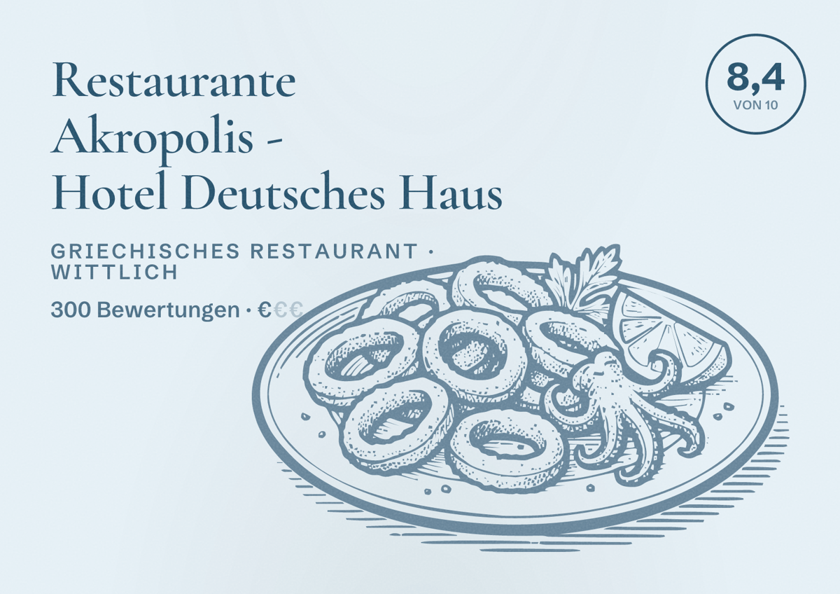 Illustriertes Poster von Restaurante Akropolis - Hotel Deutsches Haus, Griechisches Restaurant in Wittlich: Bewertung 8,4 von 10 aus 300 Bewertungen, Preisniveau €