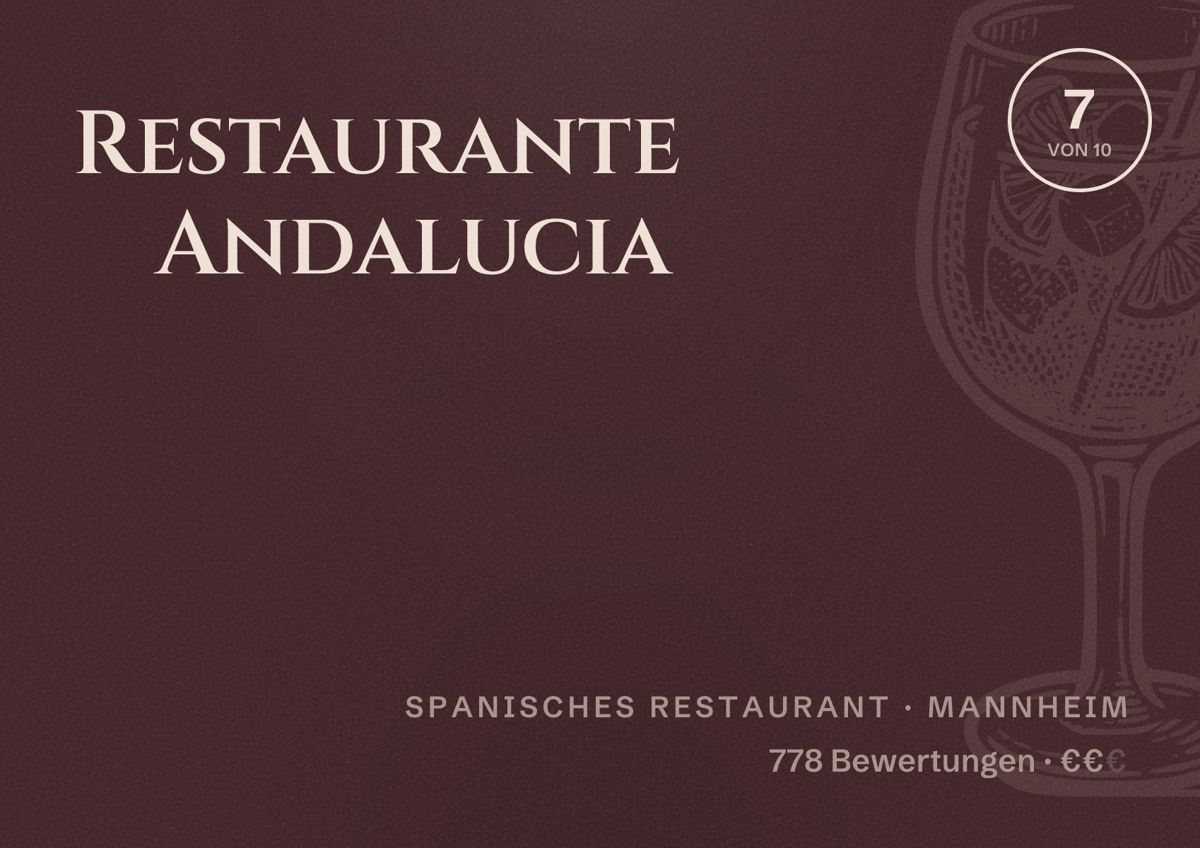 Illustriertes Poster von Restaurante Andalucia, Spanisches Restaurant in Mannheim: Bewertung 7 von 10 aus 778 Bewertungen, Preisniveau €€