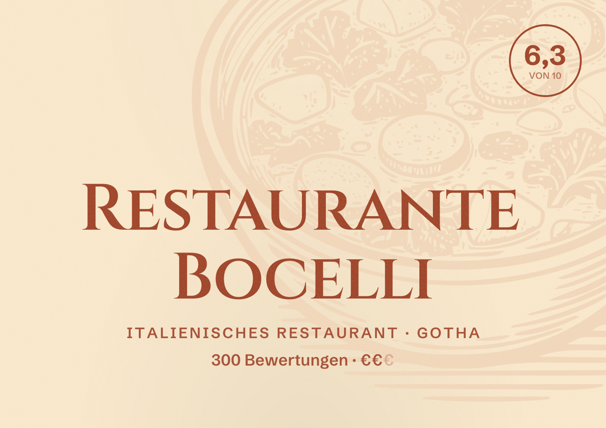 Illustriertes Poster von Restaurante Bocelli, Italienisches Restaurant in Gotha: Bewertung 6,3 von 10 aus 300 Bewertungen, Preisniveau €€