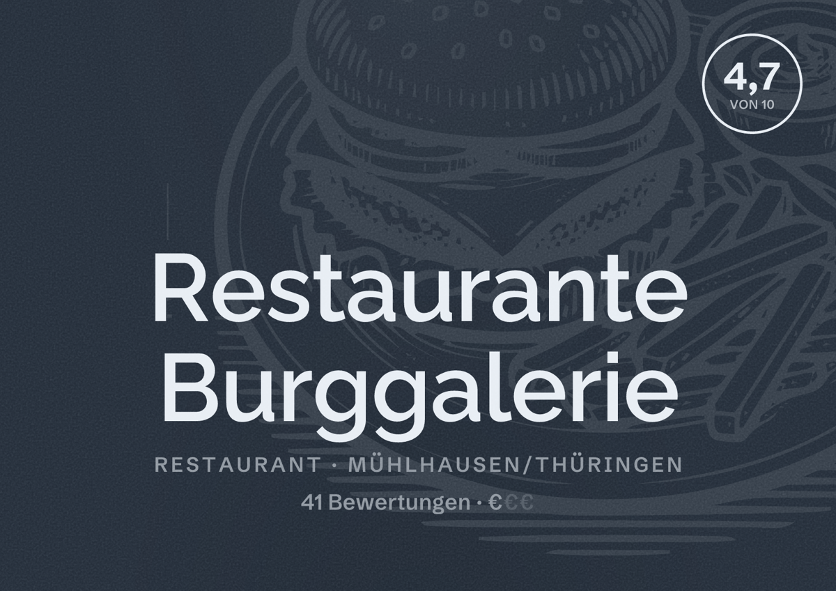 Illustriertes Poster von Restaurante Burggalerie, Restaurant in Mühlhausen/Thüringen: Bewertung 4,7 von 10 aus 41 Bewertungen, Preisniveau €