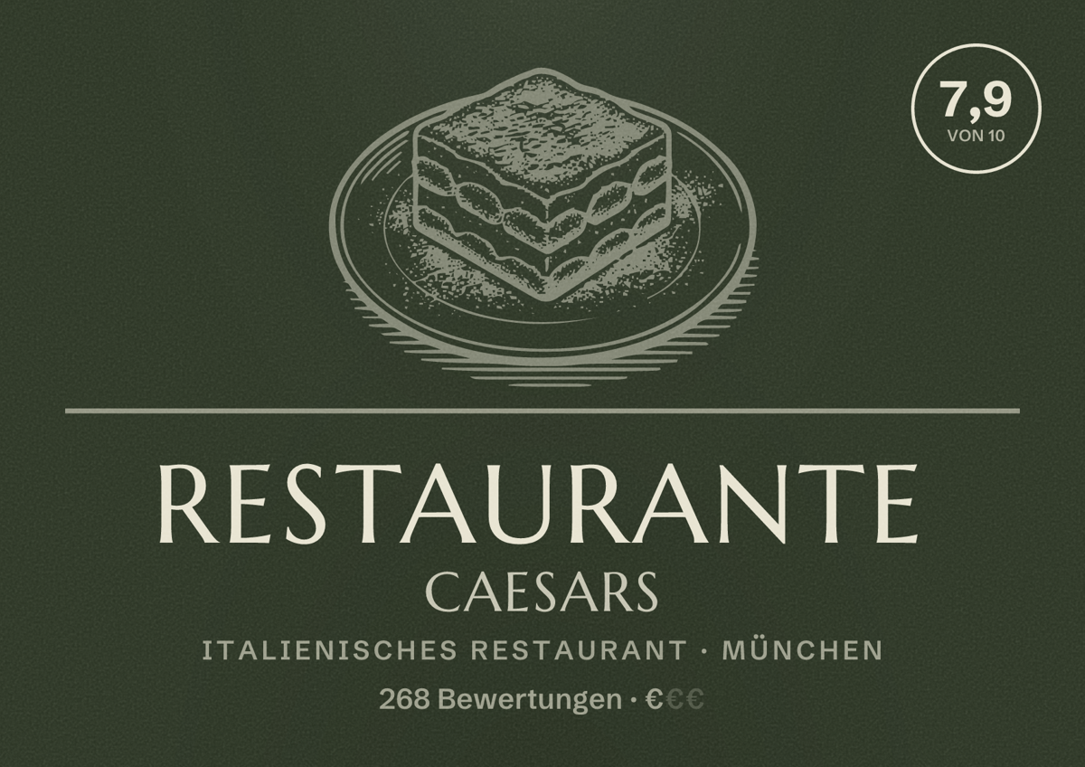Illustriertes Poster von Restaurante Caesars, Italienisches Restaurant in München: Bewertung 7,9 von 10 aus 268 Bewertungen, Preisniveau €