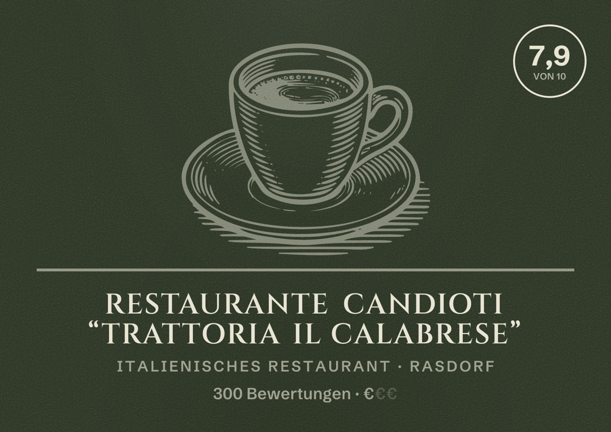 Illustriertes Poster von Restaurante Candioti “Trattoria il Calabrese”, Italienisches Restaurant in Rasdorf: Bewertung 7,9 von 10 aus 300 Bewertungen, Preisniveau €