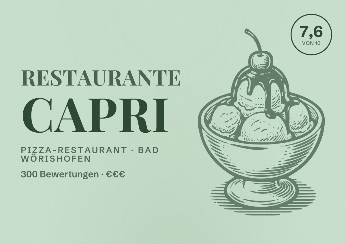 Illustriertes Poster von Restaurante Capri, Pizza-Restaurant in Bad Wörishofen: Bewertung 7,6 von 10 aus 300 Bewertungen, Preisniveau €€€
