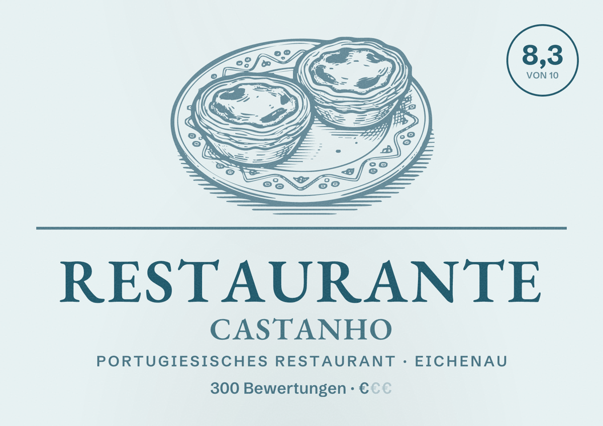 Illustriertes Poster von Restaurante Castanho, Portugiesisches Restaurant in Eichenau: Bewertung 8,3 von 10 aus 300 Bewertungen, Preisniveau €