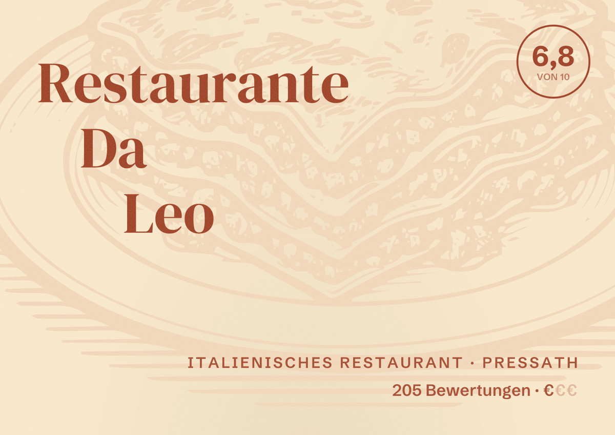 Illustriertes Poster von Restaurante Da Leo, Italienisches Restaurant in Pressath: Bewertung 6,8 von 10 aus 205 Bewertungen, Preisniveau €