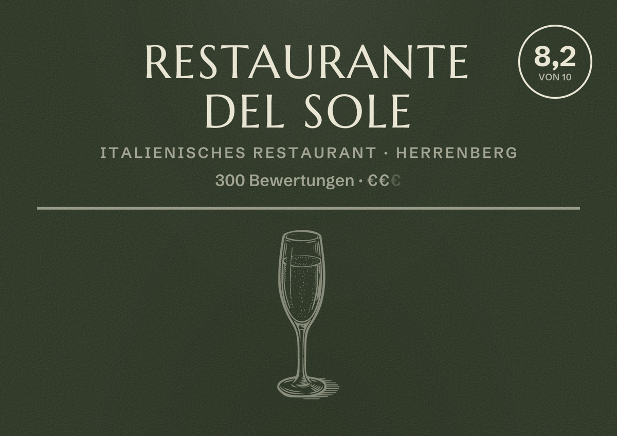 Illustriertes Poster von Restaurante Del Sole, Italienisches Restaurant in Herrenberg: Bewertung 8,2 von 10 aus 300 Bewertungen, Preisniveau €€
