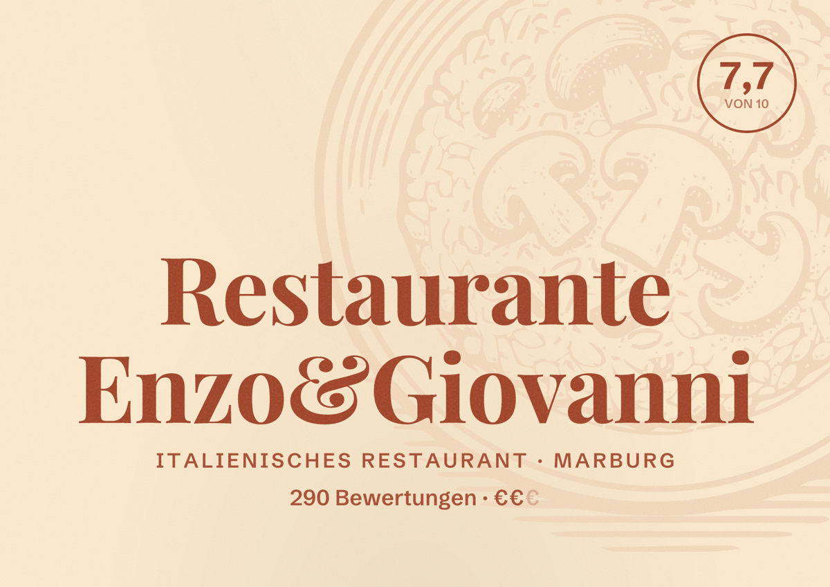 Illustriertes Poster von Restaurante Enzo&Giovanni, Italienisches Restaurant in Marburg: Bewertung 7,7 von 10 aus 290 Bewertungen, Preisniveau €€