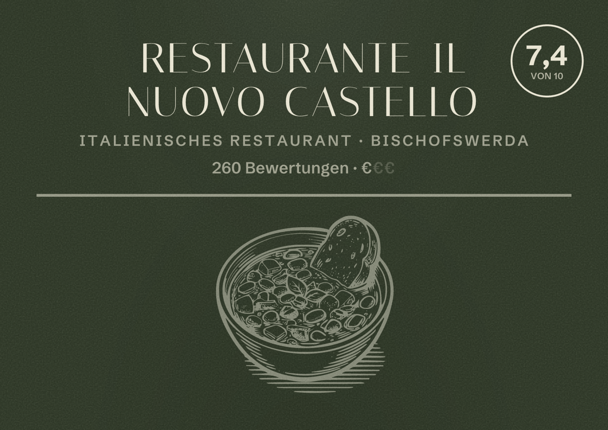 Illustriertes Poster von Restaurante Il Nuovo Castello, Italienisches Restaurant in Bischofswerda: Bewertung 7,4 von 10 aus 260 Bewertungen, Preisniveau €