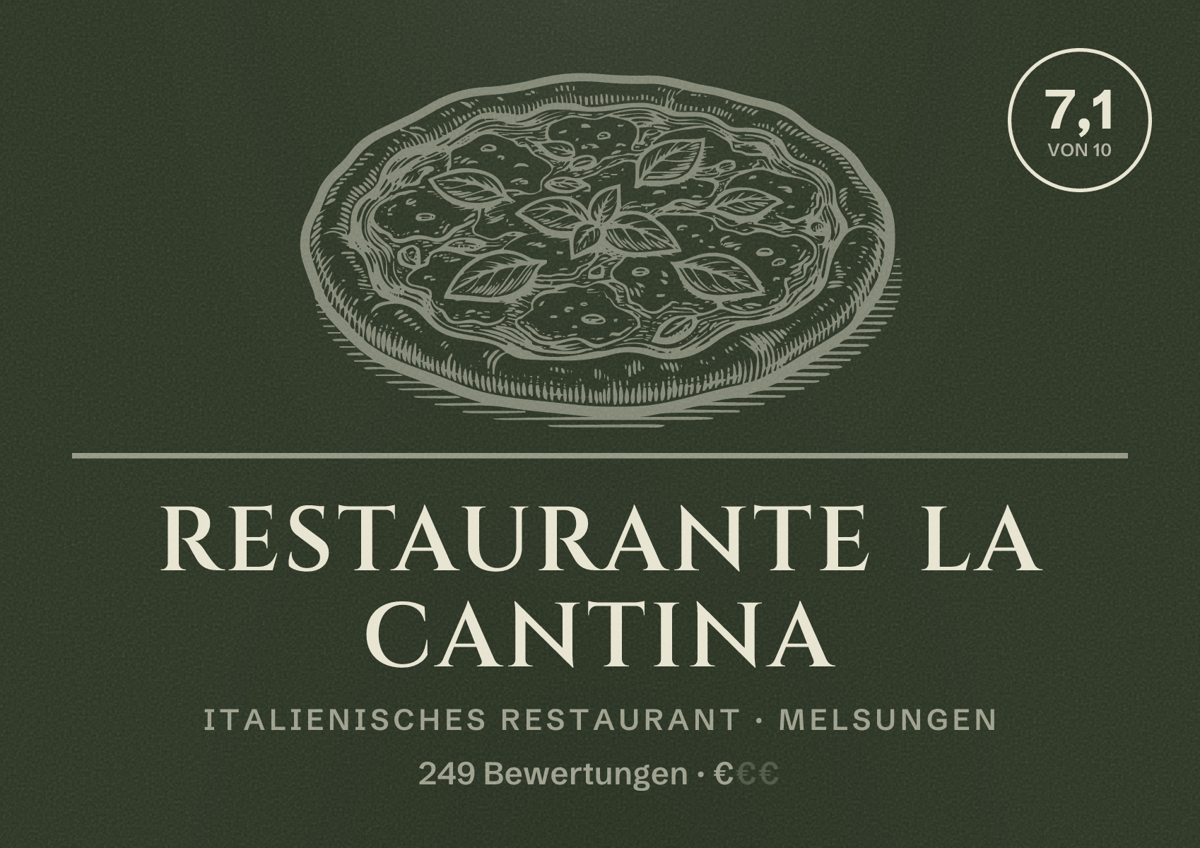 Illustriertes Poster von Restaurante La Cantina, Italienisches Restaurant in Melsungen: Bewertung 7,1 von 10 aus 249 Bewertungen, Preisniveau €