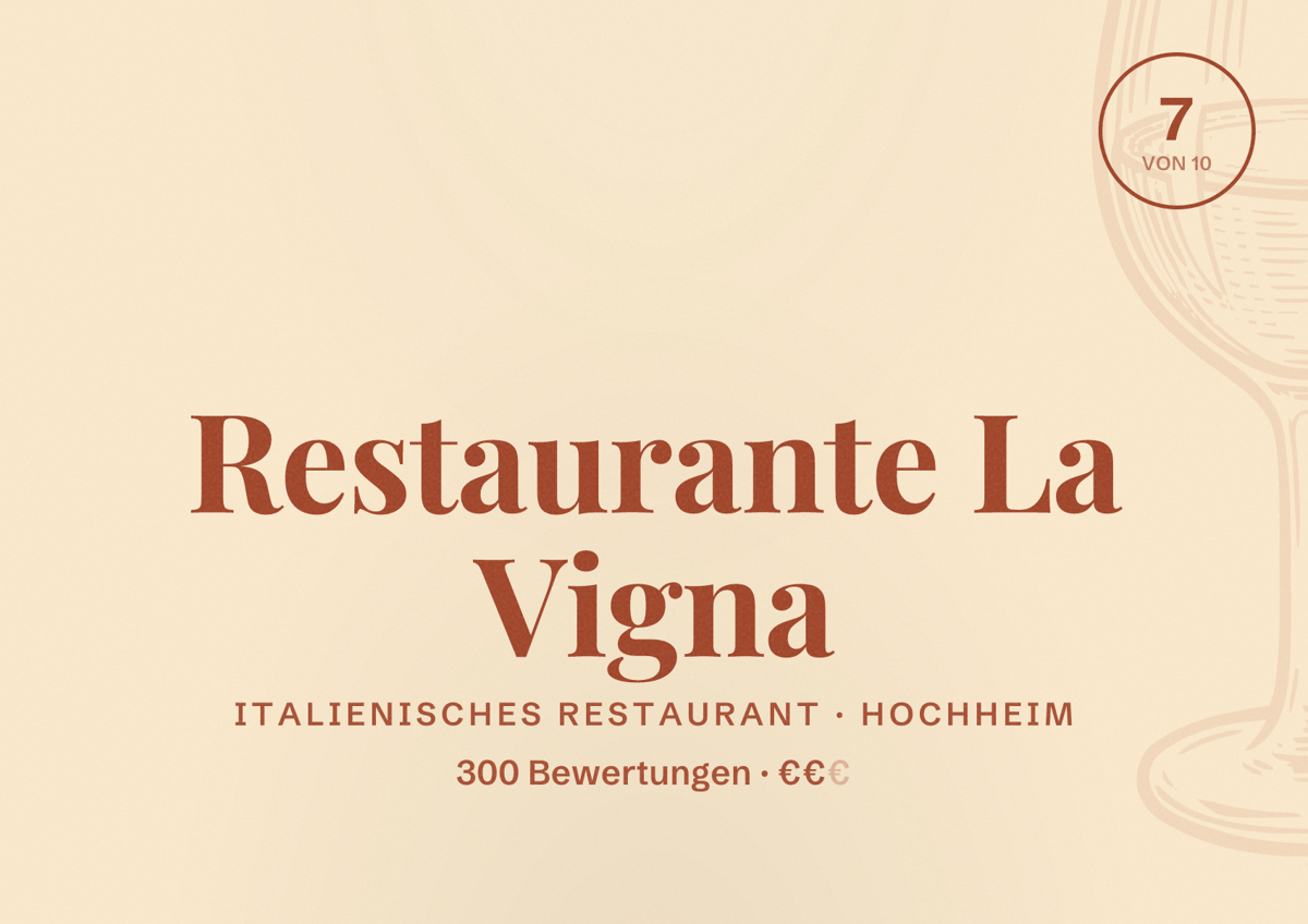 Illustriertes Poster von Restaurante La Vigna, Italienisches Restaurant in Hochheim: Bewertung 7 von 10 aus 300 Bewertungen, Preisniveau €€