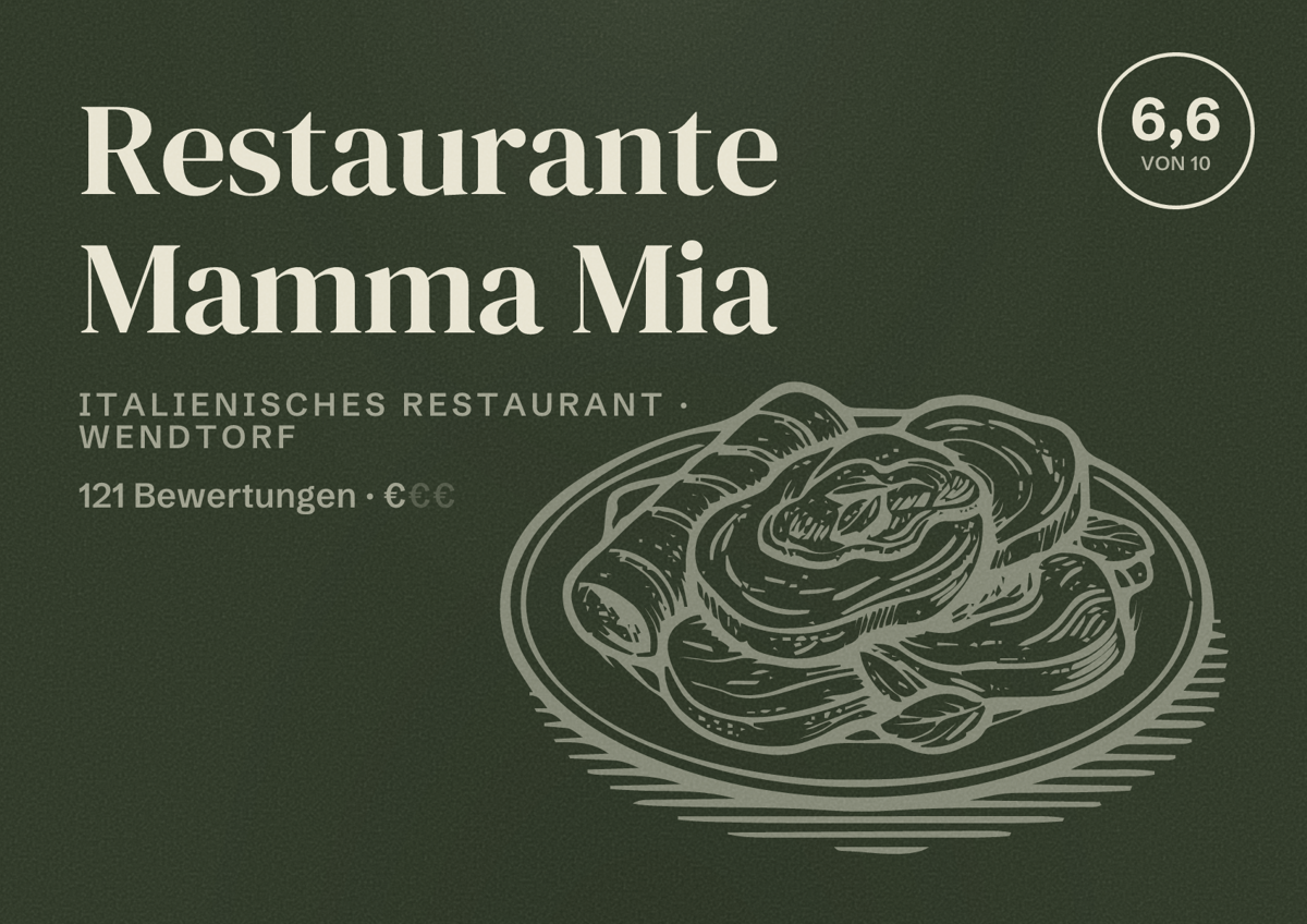 Illustriertes Poster von Restaurante Mamma Mia, Italienisches Restaurant in Wendtorf: Bewertung 6,6 von 10 aus 121 Bewertungen, Preisniveau €