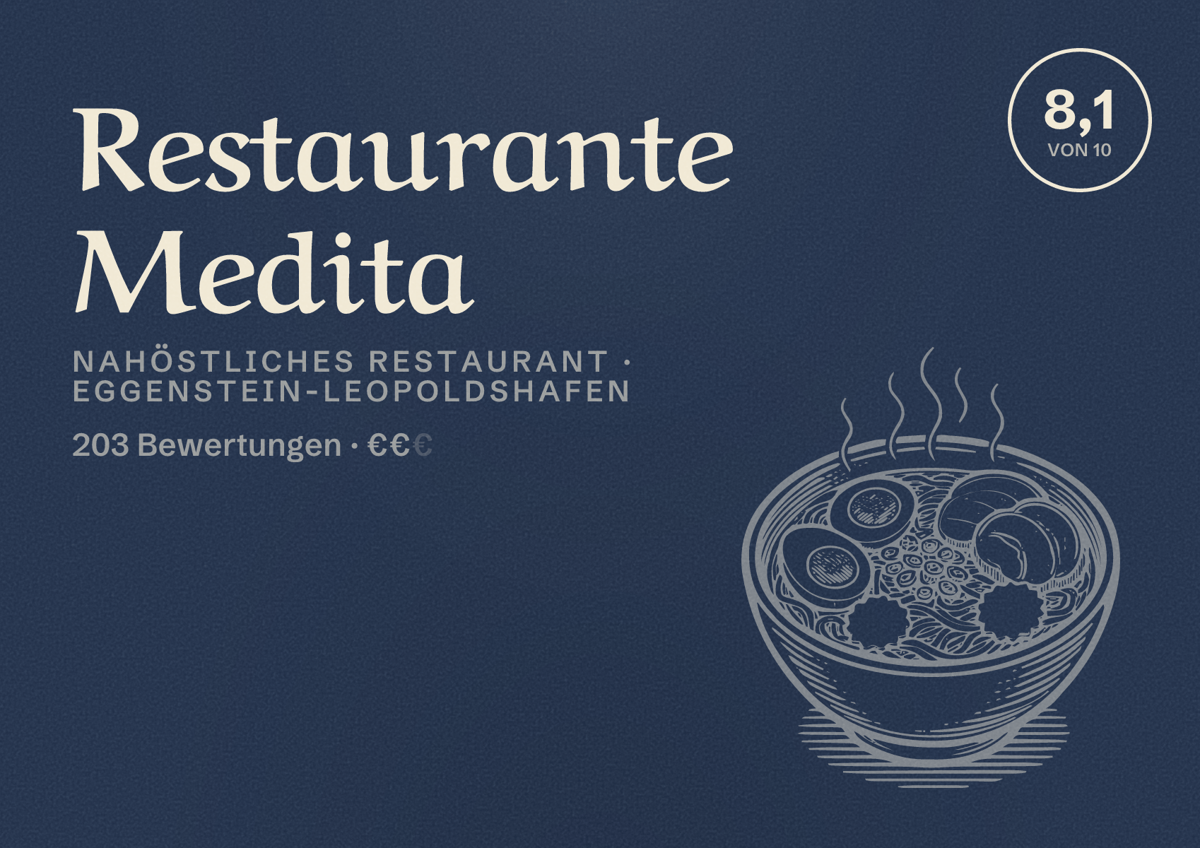 Illustriertes Poster von Restaurante Medita, Nahöstliches Restaurant in Eggenstein-Leopoldshafen: Bewertung 8,1 von 10 aus 203 Bewertungen, Preisniveau €€