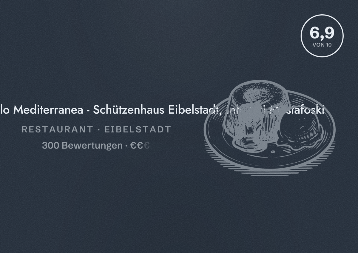 Illustriertes Poster von Restaurante Miracolo Mediterranea - Schützenhaus Eibelstadt, Inh. Liri Mustafoski, Restaurant in Eibelstadt: Bewertung 6,9 von 10 aus 300 Bewertungen, Preisniveau €€