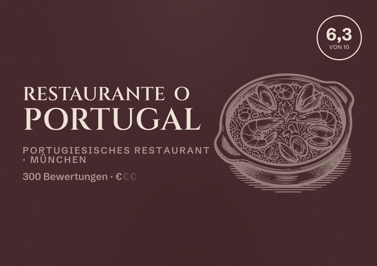 Illustriertes Poster von Restaurante o Portugal, Portugiesisches Restaurant in München: Bewertung 6,3 von 10 aus 300 Bewertungen, Preisniveau €