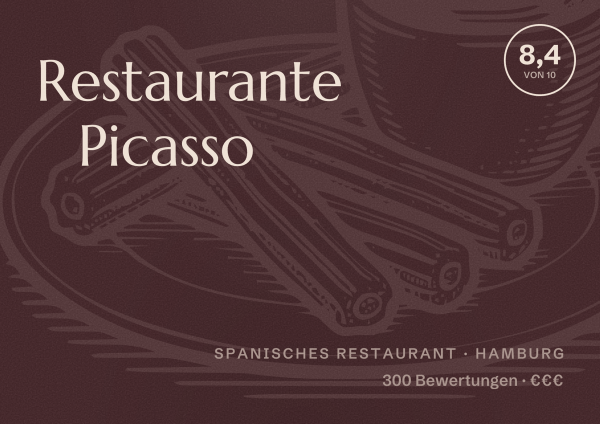 Illustriertes Poster von Restaurante Picasso, Spanisches Restaurant in Hamburg: Bewertung 8,4 von 10 aus 300 Bewertungen, Preisniveau €€€