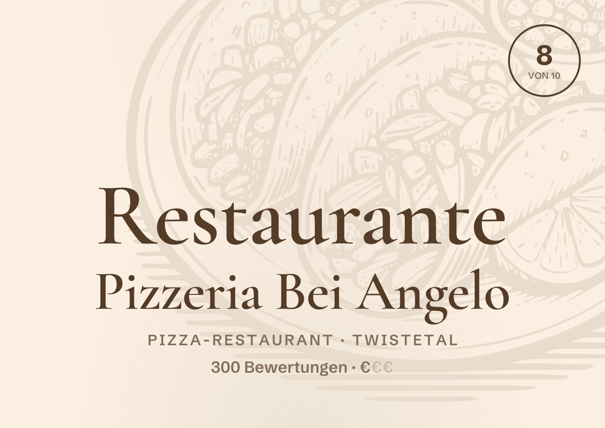 Illustriertes Poster von Restaurante Pizzeria Bei Angelo, Pizza-Restaurant in Twistetal: Bewertung 8 von 10 aus 300 Bewertungen, Preisniveau €