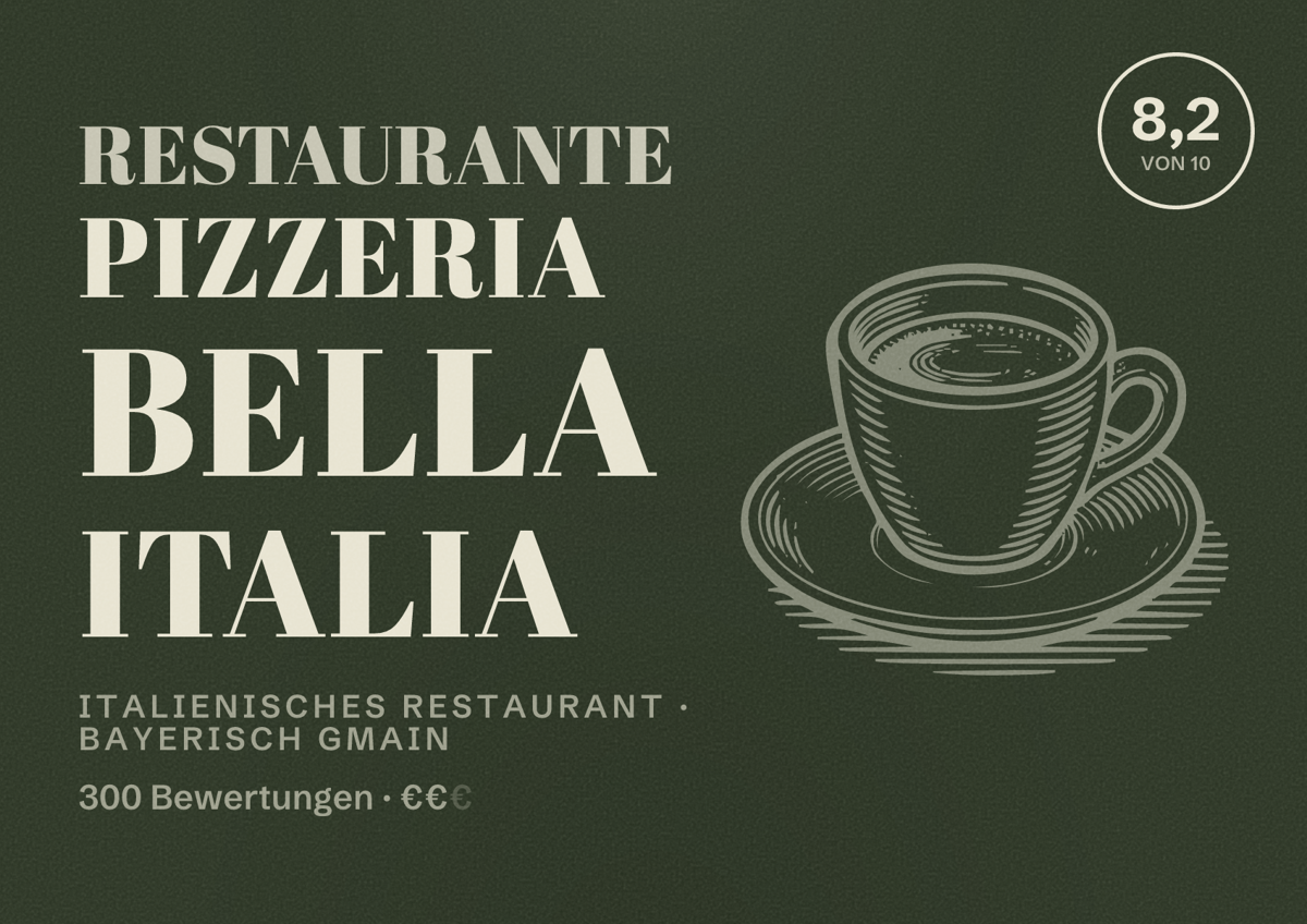 Illustriertes Poster von Restaurante Pizzeria Bella Italia, Italienisches Restaurant in Bayerisch Gmain: Bewertung 8,2 von 10 aus 300 Bewertungen, Preisniveau €€