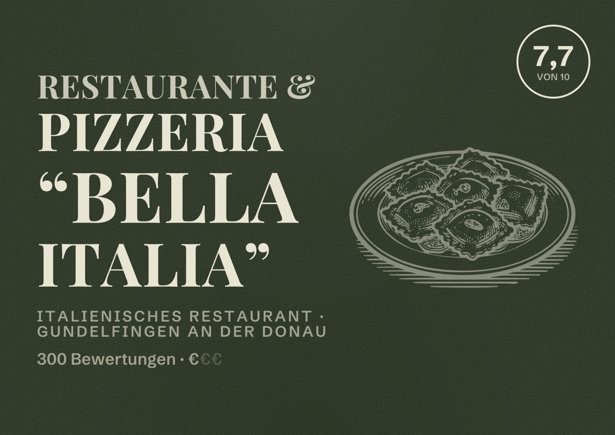 Illustriertes Poster von Restaurante & Pizzeria “Bella Italia”, Italienisches Restaurant in Gundelfingen an der Donau: Bewertung 7,7 von 10 aus 300 Bewertungen, Preisniveau €