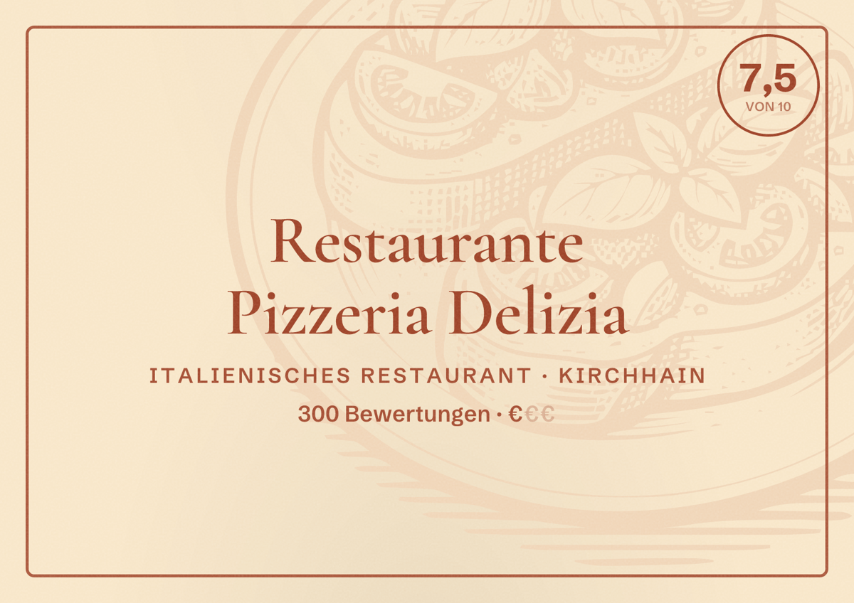 Illustriertes Poster von Restaurante Pizzeria Delizia, Italienisches Restaurant in Kirchhain: Bewertung 7,5 von 10 aus 300 Bewertungen, Preisniveau €