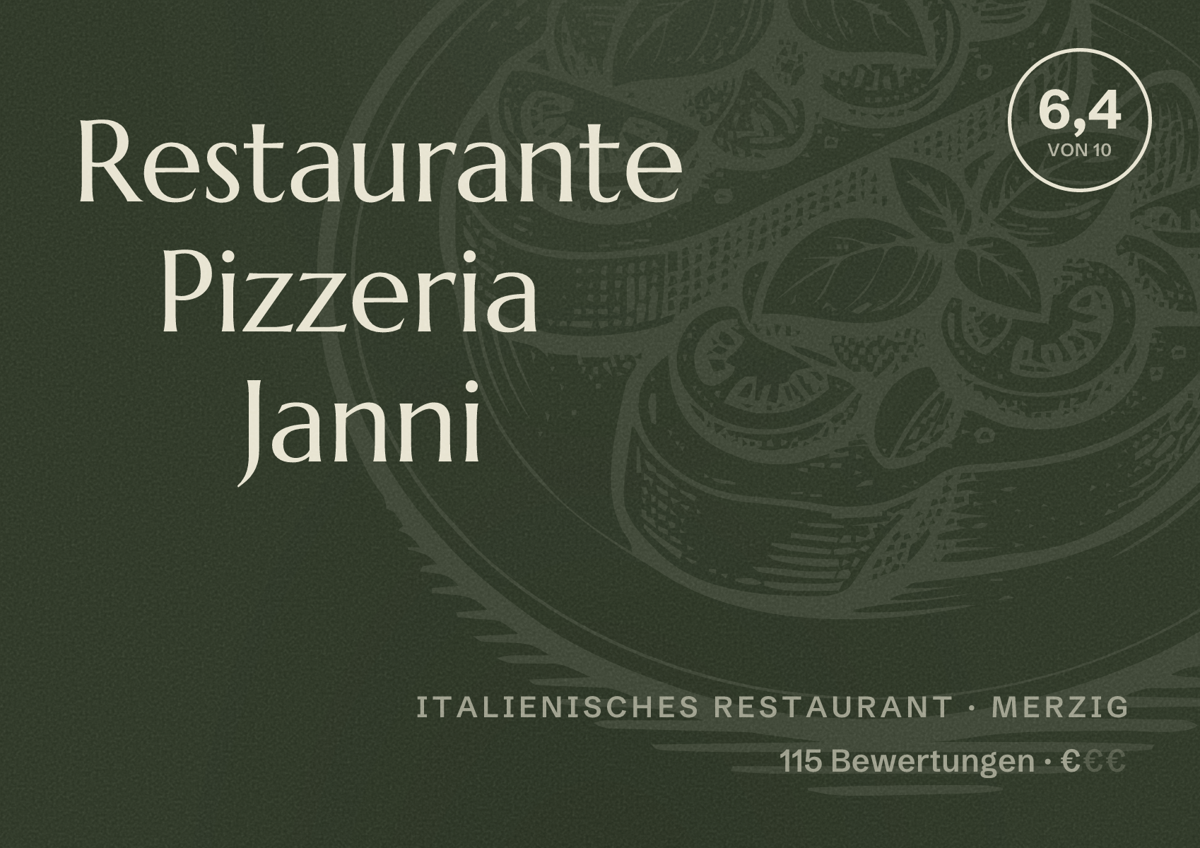 Illustriertes Poster von Restaurante Pizzeria Janni, Italienisches Restaurant in Merzig: Bewertung 6,4 von 10 aus 115 Bewertungen, Preisniveau €