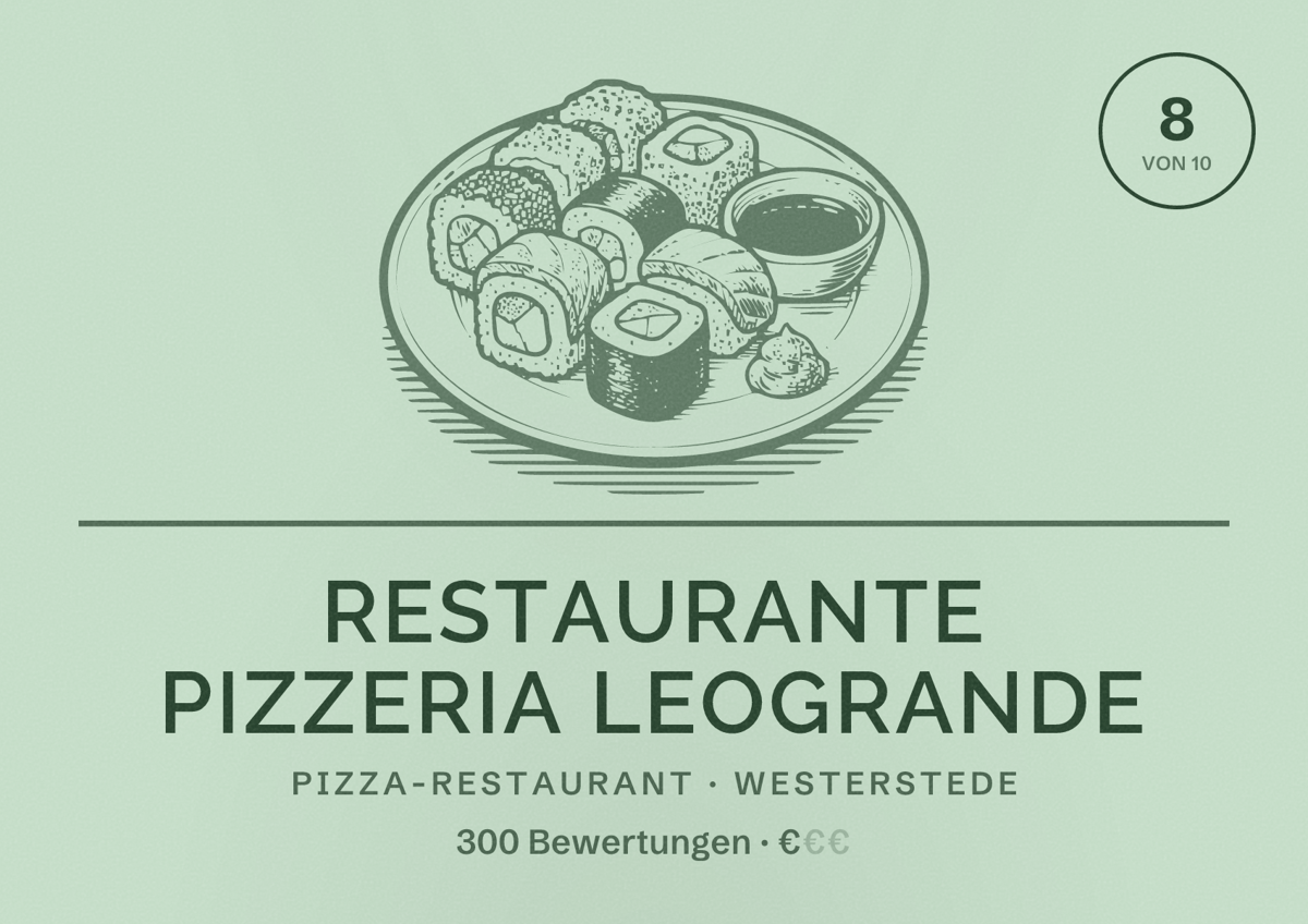 Illustriertes Poster von Restaurante Pizzeria Leogrande, Pizza-Restaurant in Westerstede: Bewertung 8 von 10 aus 300 Bewertungen, Preisniveau €