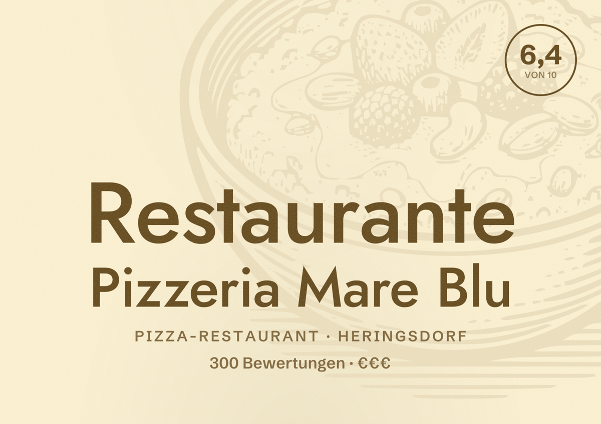 Illustriertes Poster von Restaurante Pizzeria Mare Blu, Pizza-Restaurant in Heringsdorf: Bewertung 6,4 von 10 aus 300 Bewertungen, Preisniveau €€€