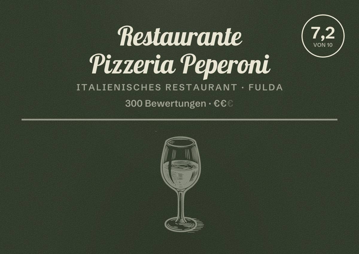 Illustriertes Poster von Restaurante Pizzeria Peperoni, Italienisches Restaurant in Fulda: Bewertung 7,2 von 10 aus 300 Bewertungen, Preisniveau €€