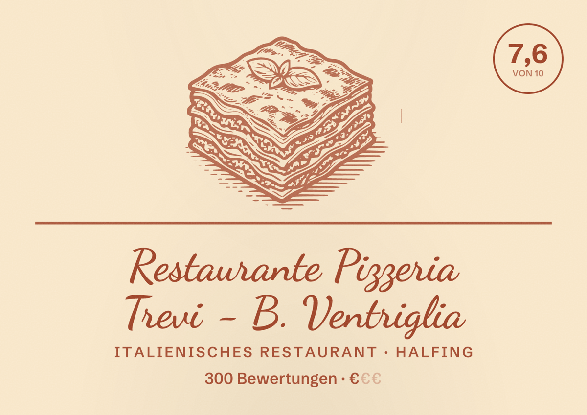 Illustriertes Poster von Restaurante Pizzeria Trevi - B. Ventriglia, Italienisches Restaurant in Halfing: Bewertung 7,6 von 10 aus 300 Bewertungen, Preisniveau €