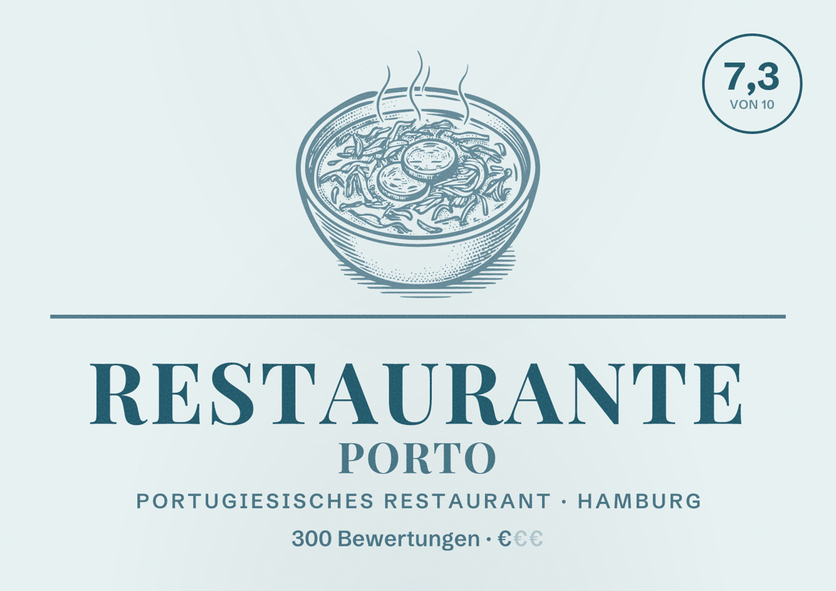 Illustriertes Poster von Restaurante Porto, Portugiesisches Restaurant in Hamburg: Bewertung 7,3 von 10 aus 300 Bewertungen, Preisniveau €