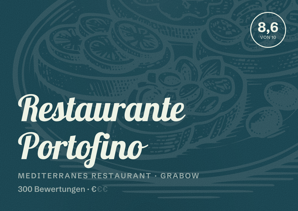 Illustriertes Poster von Restaurante Portofino, Mediterranes Restaurant in Grabow: Bewertung 8,6 von 10 aus 300 Bewertungen, Preisniveau €