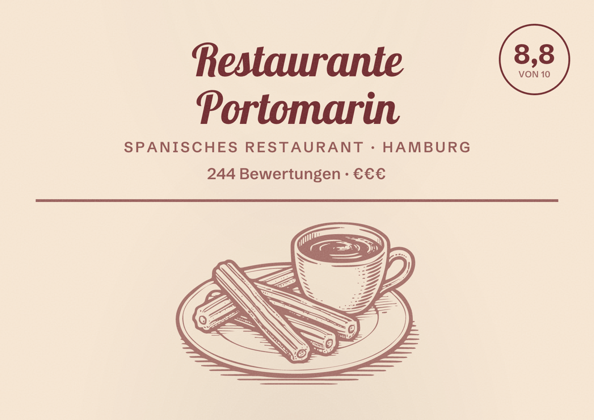Illustriertes Poster von Restaurante Portomarin, Spanisches Restaurant in Hamburg: Bewertung 8,8 von 10 aus 244 Bewertungen, Preisniveau €€€