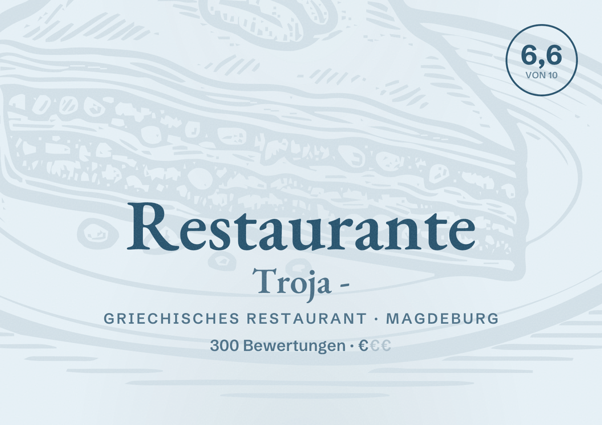 Illustriertes Poster von Restaurante Troja -, Griechisches Restaurant in Magdeburg: Bewertung 6,6 von 10 aus 300 Bewertungen, Preisniveau €