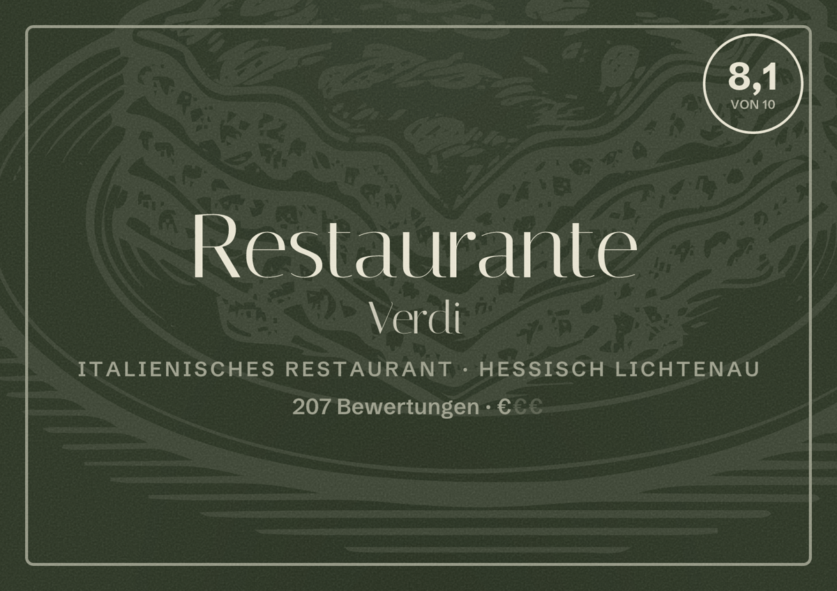 Illustriertes Poster von Restaurante Verdi, Italienisches Restaurant in Hessisch Lichtenau: Bewertung 8,1 von 10 aus 207 Bewertungen, Preisniveau €