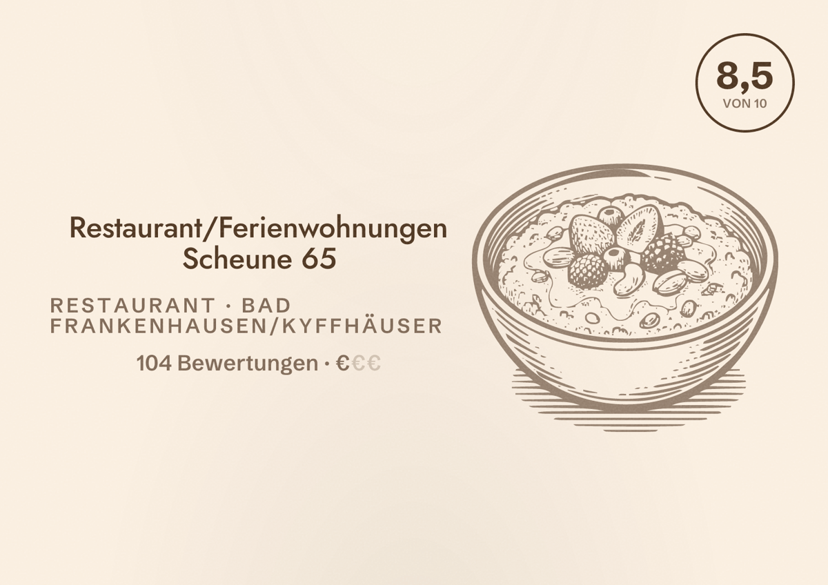Illustriertes Poster von Restaurant/Ferienwohnungen Scheune 65, Restaurant in Bad Frankenhausen/Kyffhäuser: Bewertung 8,5 von 10 aus 104 Bewertungen, Preisniveau €