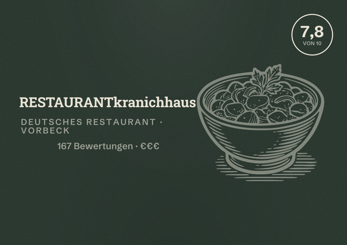 Illustriertes Poster von RESTAURANTkranichhaus, Deutsches Restaurant in Vorbeck: Bewertung 7,8 von 10 aus 167 Bewertungen, Preisniveau €€€