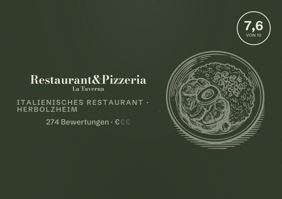 Illustriertes Poster von Restaurant&Pizzeria La Taverna, Italienisches Restaurant in Herbolzheim: Bewertung 7,6 von 10 aus 274 Bewertungen, Preisniveau €