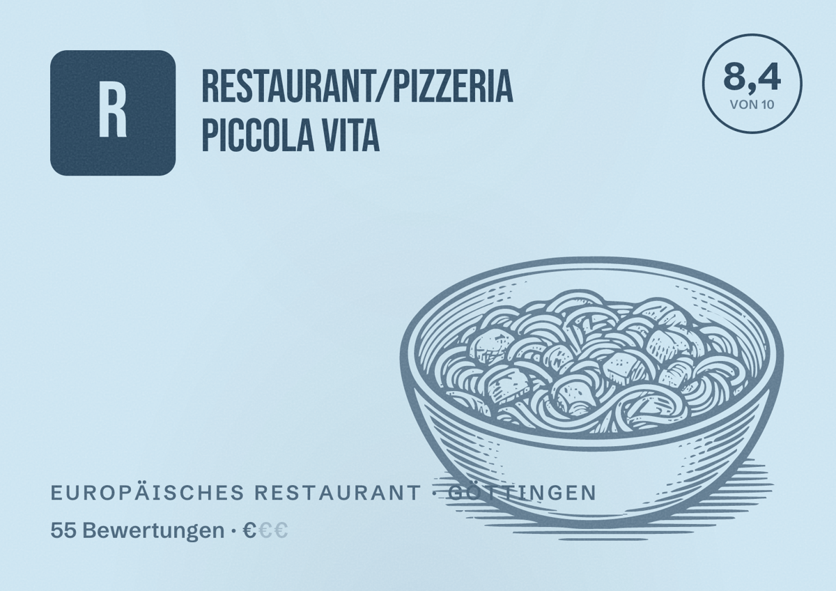 Illustriertes Poster von Restaurant/Pizzeria Piccola Vita, Europäisches Restaurant in Göttingen: Bewertung 8,4 von 10 aus 55 Bewertungen, Preisniveau €