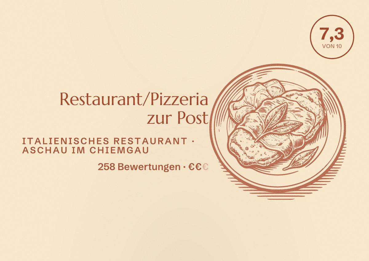 Illustriertes Poster von Restaurant/Pizzeria zur Post, Italienisches Restaurant in Aschau im Chiemgau: Bewertung 7,3 von 10 aus 258 Bewertungen, Preisniveau €€