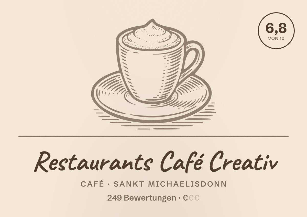 Illustriertes Poster von Restaurants Café Creativ, Café in Sankt Michaelisdonn: Bewertung 6,8 von 10 aus 249 Bewertungen, Preisniveau €