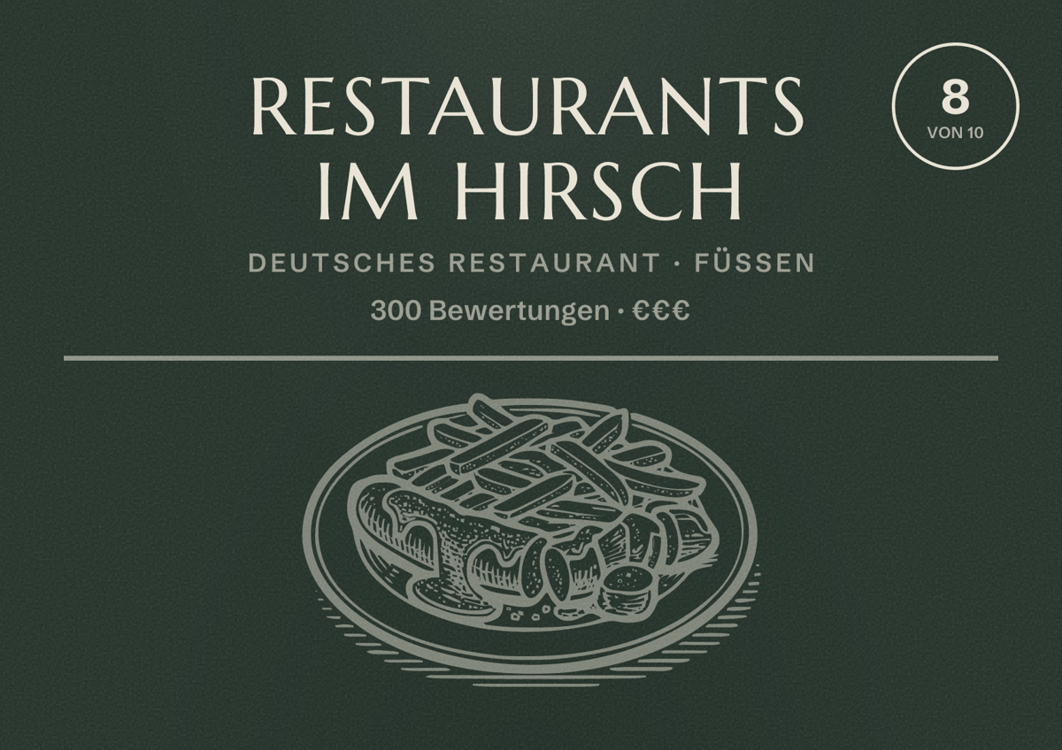 Illustriertes Poster von Restaurants im Hirsch, Deutsches Restaurant in Füssen: Bewertung 8 von 10 aus 300 Bewertungen, Preisniveau €€€
