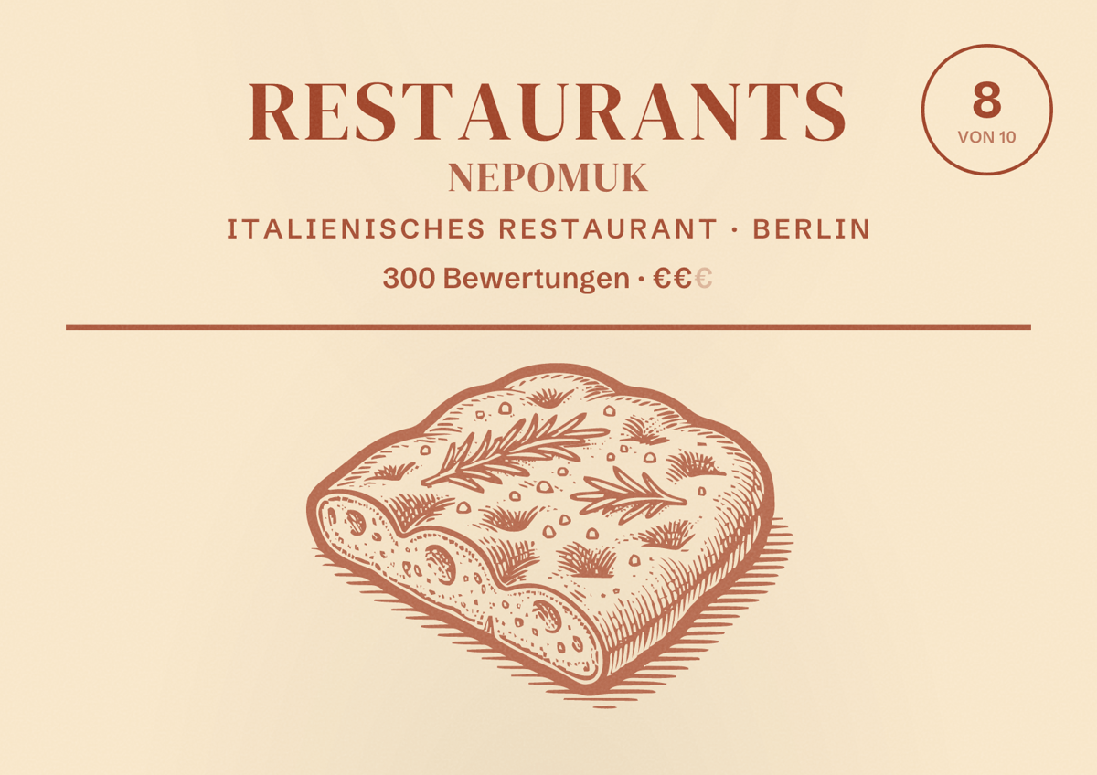 Illustriertes Poster von Restaurants Nepomuk, Italienisches Restaurant in Berlin: Bewertung 8,0 von 10 aus 300 Bewertungen, Preisniveau €€