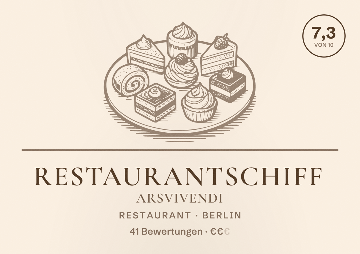 Illustriertes Poster von Restaurantschiff arsVivendi, Restaurant in Berlin: Bewertung 7,3 von 10 aus 41 Bewertungen, Preisniveau €€