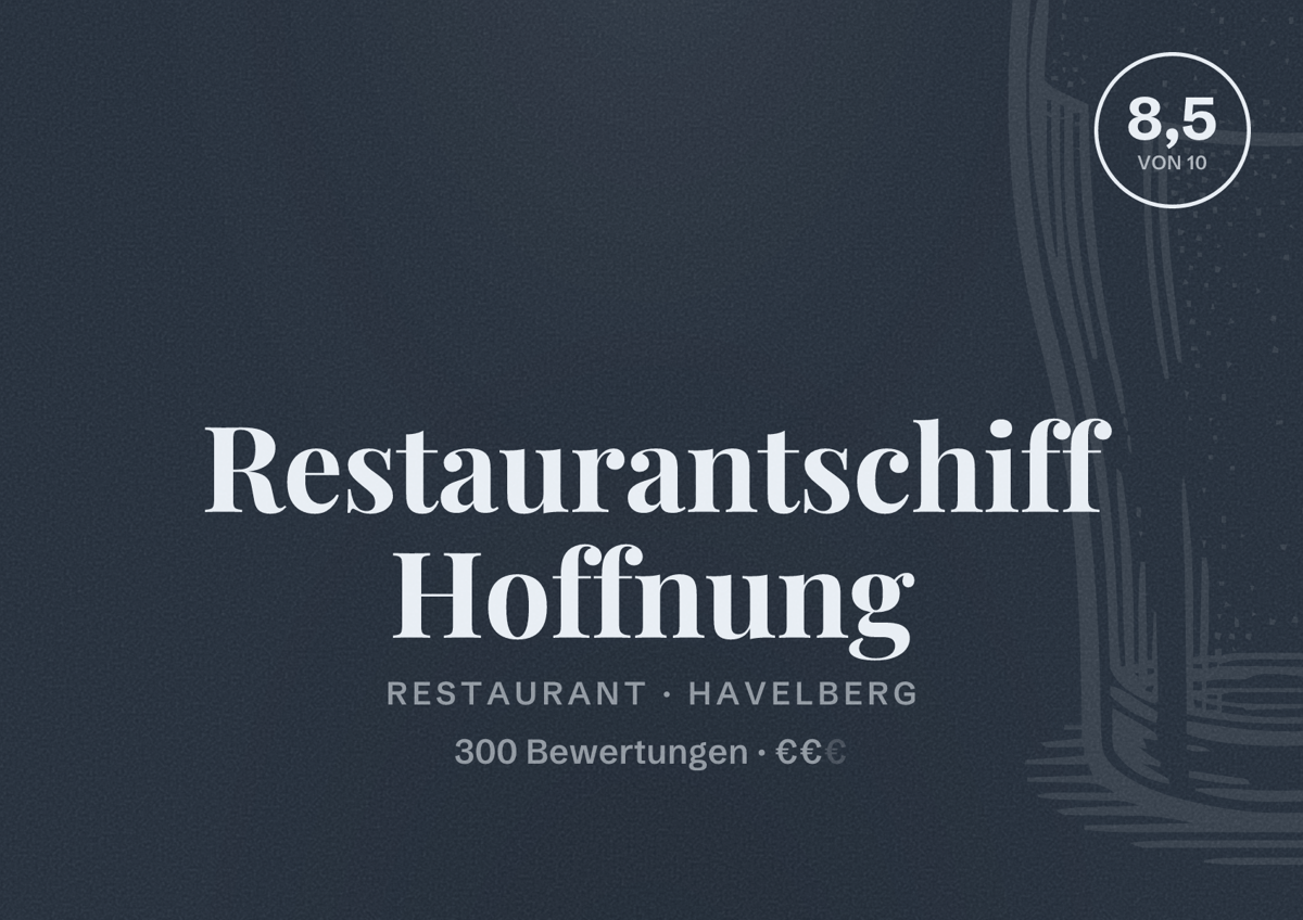 Illustriertes Poster von Restaurantschiff Hoffnung, Restaurant in Havelberg: Bewertung 8,5 von 10 aus 300 Bewertungen, Preisniveau €€