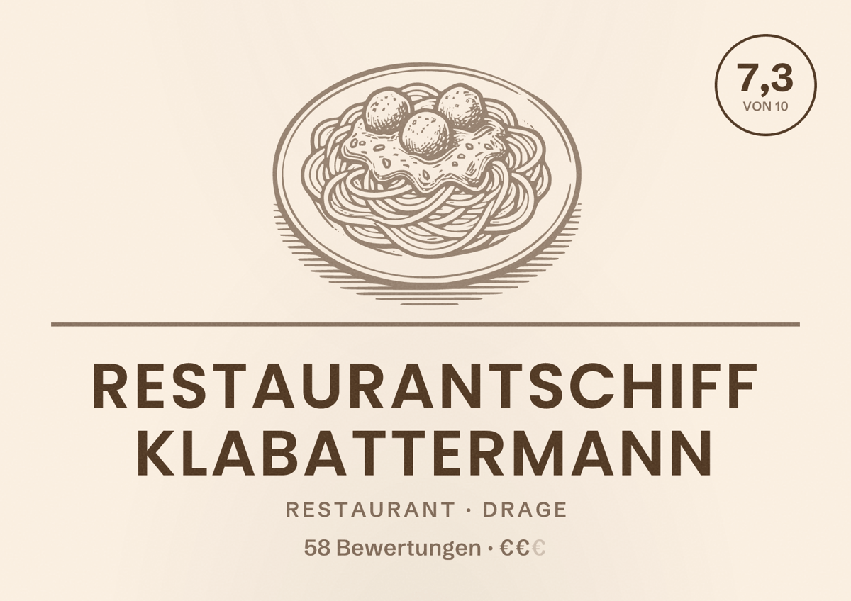 Illustriertes Poster von Restaurantschiff Klabattermann, Restaurant in Drage: Bewertung 7,3 von 10 aus 58 Bewertungen, Preisniveau €€