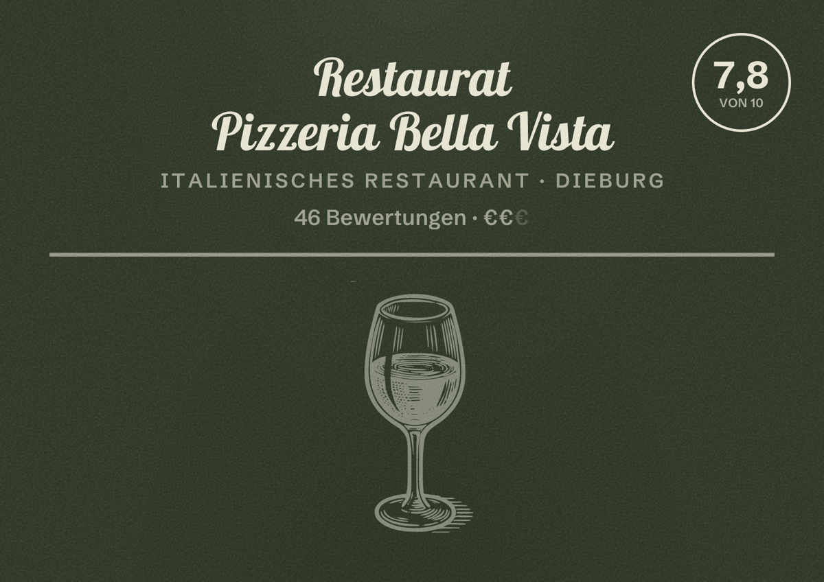 Illustriertes Poster von Restaurat Pizzeria Bella Vista, Italienisches Restaurant in Dieburg: Bewertung 7,8 von 10 aus 46 Bewertungen, Preisniveau €€