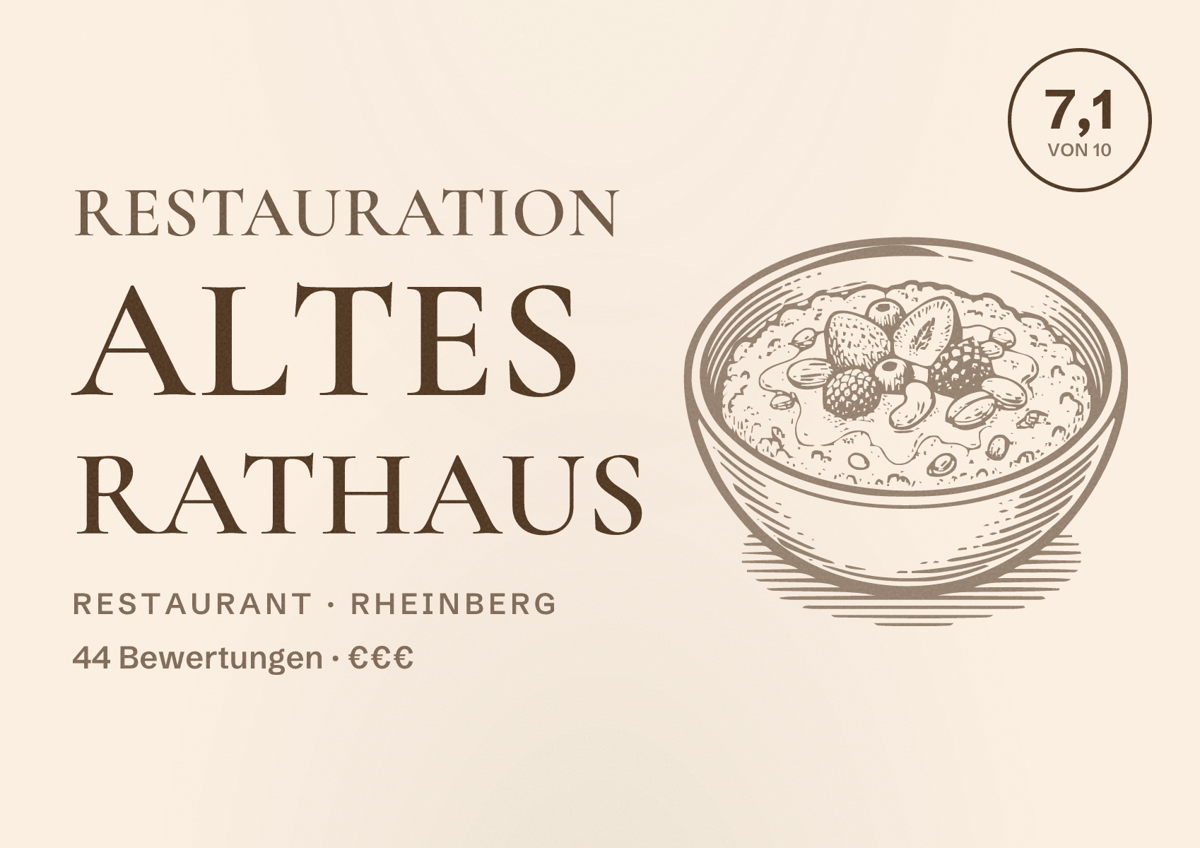 Illustriertes Poster von Restauration Altes Rathaus, Restaurant in Rheinberg: Bewertung 7,1 von 10 aus 44 Bewertungen, Preisniveau €€€