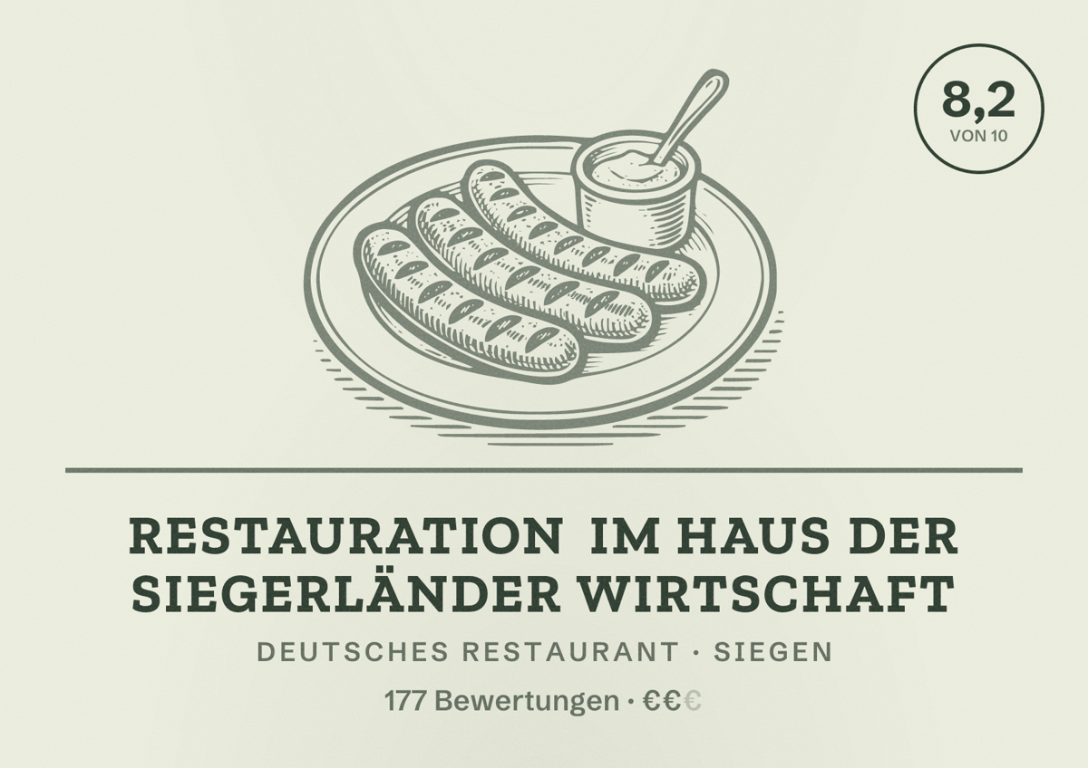 Illustriertes Poster von Restauration im Haus der Siegerländer Wirtschaft, Deutsches Restaurant in Siegen: Bewertung 8,2 von 10 aus 177 Bewertungen, Preisniveau €€